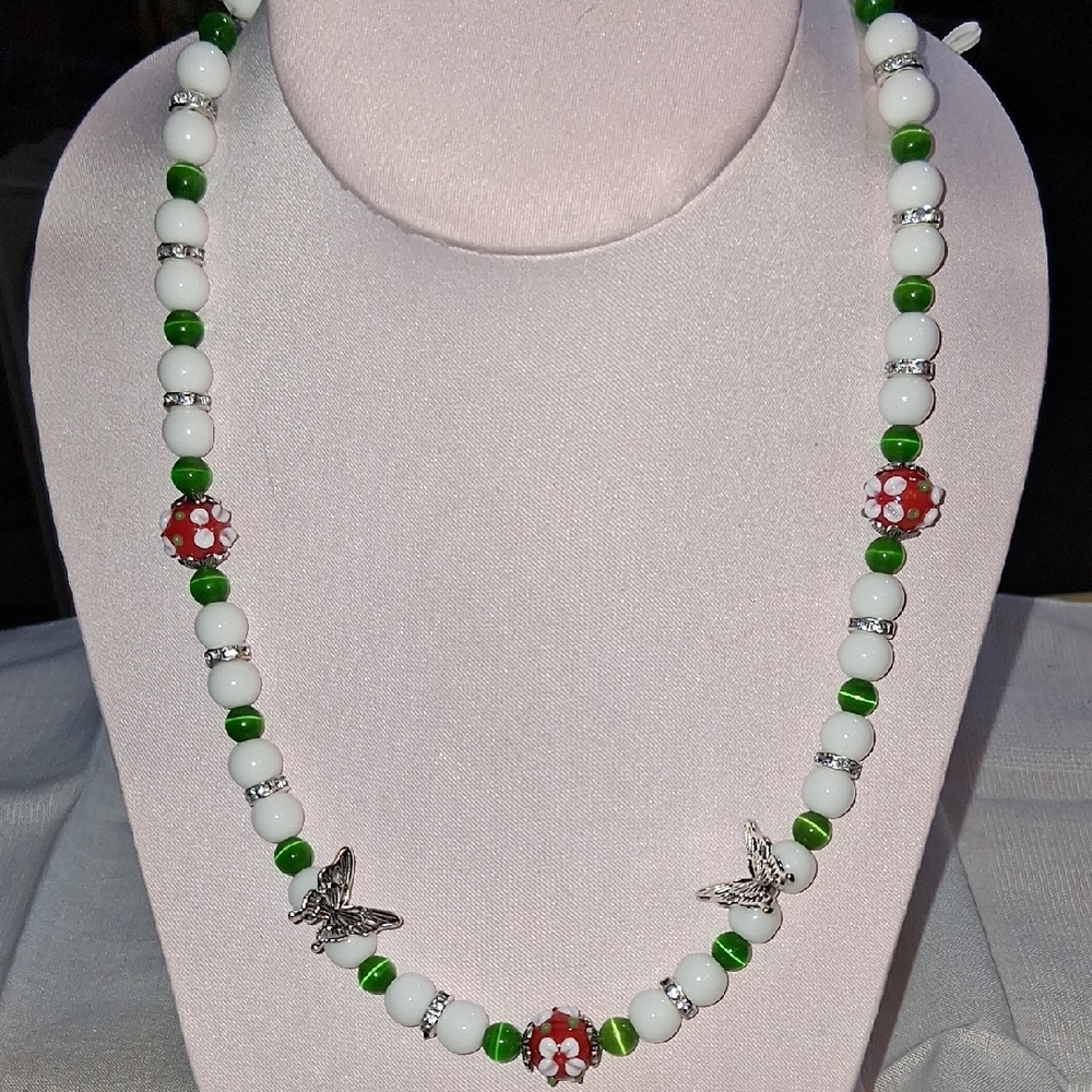 Green & White Beaded Necklace with Red Flower Accents